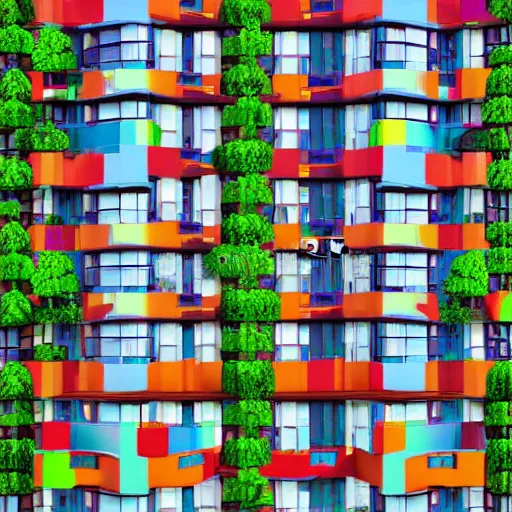 Prompt: colorful apartment block designed by Sierpinski and Lenin, sprinkled with greenery, retrofuturist magazine illustration, cinematic, high detail