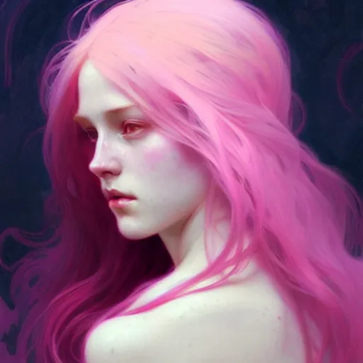 Prompt: Portrait of a pale girl with pink hair, glowing skin, fantasy, intricate, elegant, highly detailed, digital painting, artstation, concept art, smooth, sharp focus, illustration, art by Krenz Cushart and Artem Demura and alphonse mucha