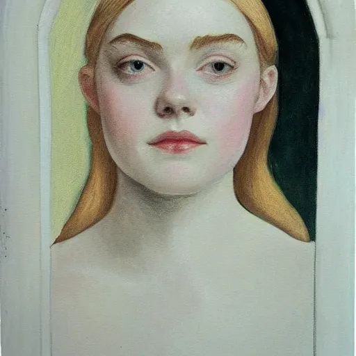 Prompt: Painting of Elle Fanning in medieval France, long blonde hair, delicate, pale milky white porcelain skin, by Edward Hopper. 8K. Extremely detailed.