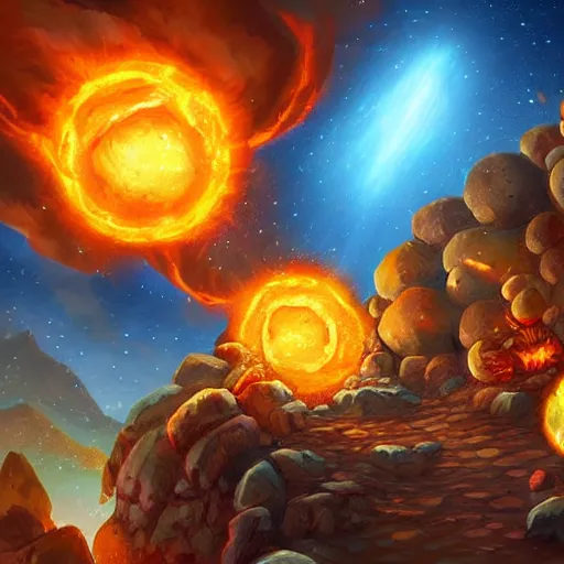 Image similar to giant fiery rocky balls rain, meteor shower, hearthstone art style, epic fantasy style art, fantasy epic digital art, epic fantasy card game art