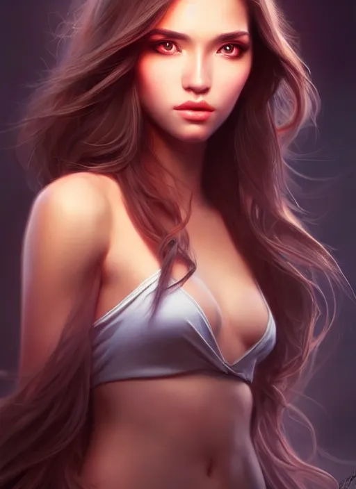 Image similar to a gorgeous female with long soft hair in the style of stefan kostic, realistic, full body shot, wide angle, sharp focus, 8 k high definition, insanely detailed, intricate, elegant, art by stanley lau and artgerm, floating embers