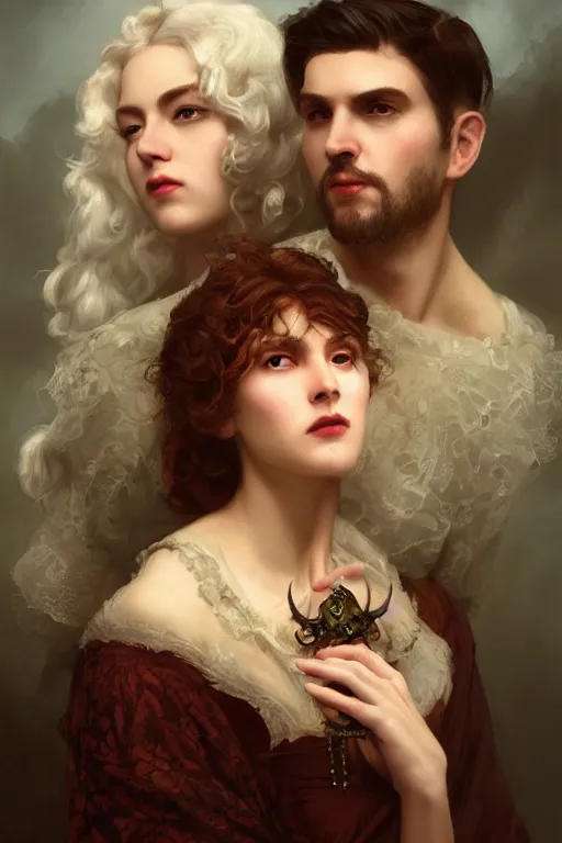 Image similar to a portrait of handsome young evil male Satan and his elegant beautiful wife, bored, illustration, dramatic lighting, soft details, painting oil on canvas, art nouveau, octane render, HDR, 4k, 8k, HD, by Edmund Blair Leighton, Brom, Charlie Bowater, trending on artstation, faces by Tom Bagshaw, Sargent