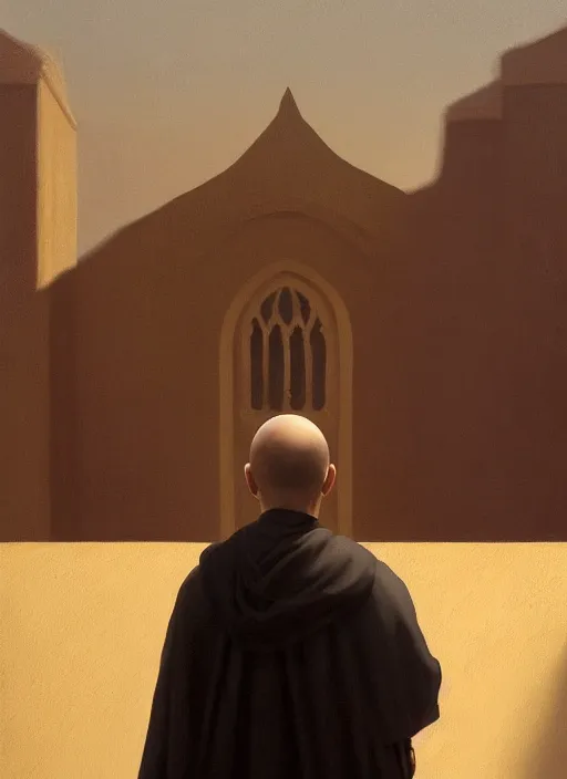 Image similar to symmetry!! oil painting of a tonsured dominican monk in a brown habit, looking out of a monastery window contemplatively, a majestic cathedral in the background, hazy, digital art, artstation, cinematic, golden hour, digital art painting by greg rutkowski, cozy atmosphere, cinematic lighting