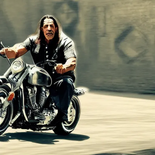 Prompt: danny trejo riding on a motorbike with his hair tied up, realistic photography, 4 k, trending on artstation