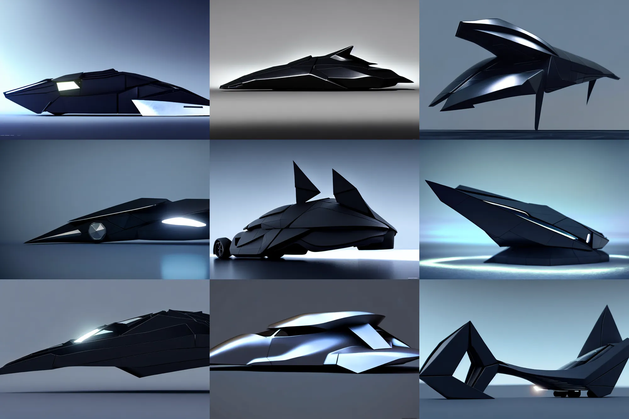 Prompt: side view photo : : of a modern architecture spaceship : : obsidian, satin silver, accent lighting : : peugot onyx, renault ultimo, sci fi, artstation, octane render, industrial design, origami