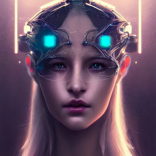 Image similar to cyberpunk robotic dark elvish queen, diadem on the head, extremely detailed, hyperrealistic, intricate, soft light, fantasy, digital painting, art station, perfect faces, fine details, by wlop