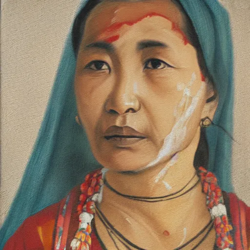 Image similar to a nepali woman wearing a white shawl, sad, bloody, oil painting