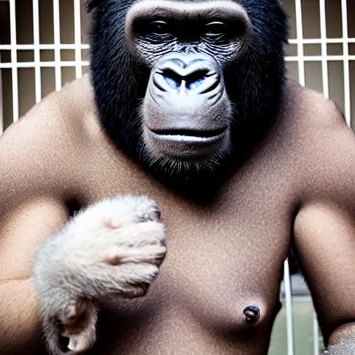 Prompt: bald white man dressed in a gorilla suit in a cage