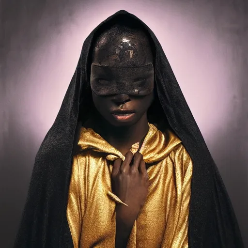 Image similar to a portrait of a young black woman wearing a long dark cloak, hood and shadows covering face, holding golden chains, oil painting, matte painting, black background, Volumetric Golden dappled dynamic lighting, Highly Detailed, Cinematic Lighting, Unreal Engine, 8k, HD, by Beksinski