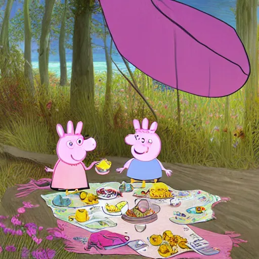 Prompt: Peppa Pig shares a picnic with the Moomins in front of the sea. The Moomins are very numerous and include Moomintroll and Moominpappa. Elegant, intricate, digital painting, artstation, concept art, smooth, sharp focus, illustration, art by artgerm and greg rutkowski and alphonse mucha