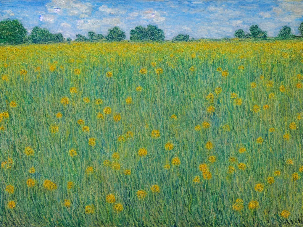 Prompt: a field of dandelions blowing in the wind, in the style of monet