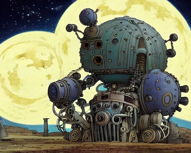 Prompt: a mechanical blueprint of a lovecraftian mechanized sloth from howl's moving castle ( 2 0 0 4 ), with a big head, in a war - torn desert village, wide shot, in front of a big moon, muted colors, post grunge, studio ghibli, hq, art by artgem