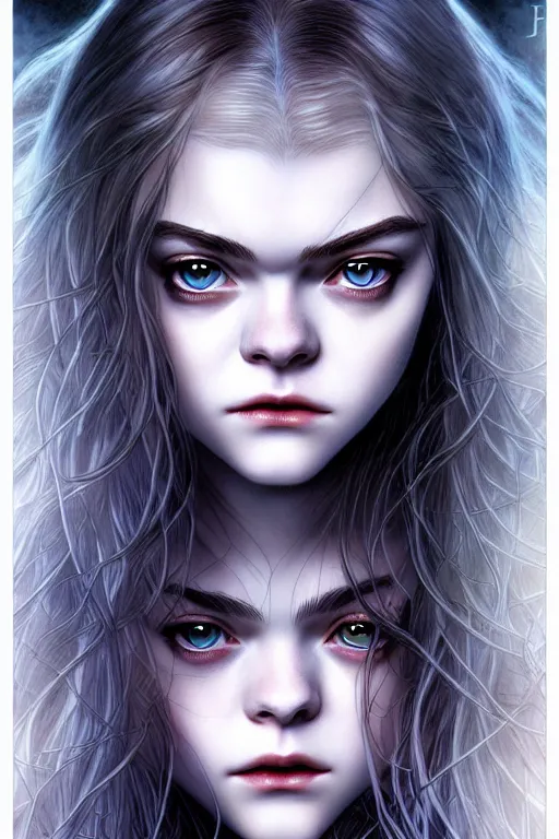 Image similar to portrait of a teenage vampire who looks like elle fanning, fantasy graphic novel style, by artgerm and luis royo and jenny frison, intricate, vivid colors, very fine inking lines, extremely detailed, 4k, hd