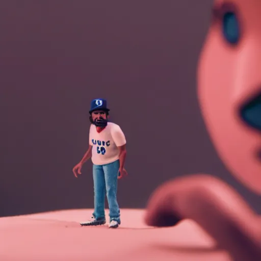 Image similar to a cinematic film still of a claymation stop motion film starring chance the rapper as a college student, shallow depth of field, 8 0 mm, f 1. 8