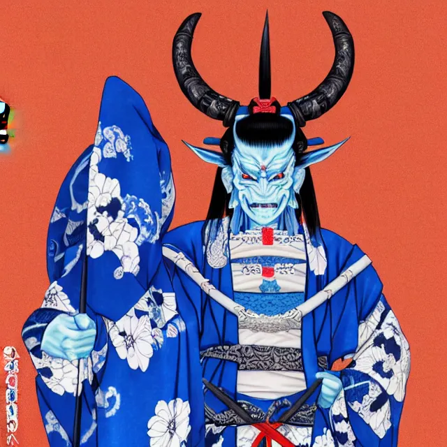 Image similar to a standing portrait of a male blue blue oni demon 鬼 👹 horns horns horns blue blue blue skin dressed as samurai 羽 織 haori kimono official portrait highly detailed, 4 k, hdr, smooth, sharp focus, high resolution, award - winning, illustrated by anne stokes, from sengoku period blue