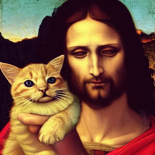Image similar to portrait of jesus holding a cute cat, digital art, by leonardo da vinci