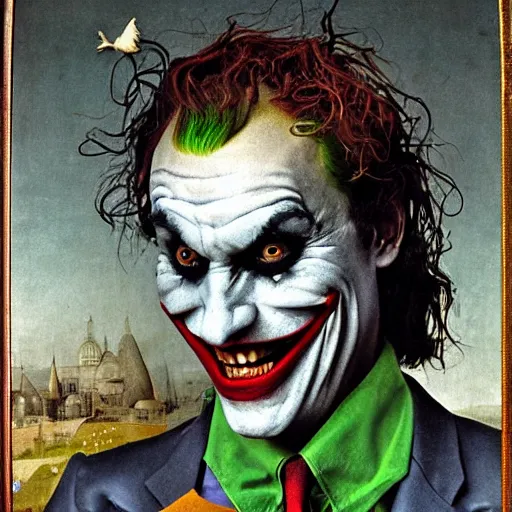 Image similar to portrait of the joker, joker is laughing, joaquin phoenix as joker, drama, chaos matte painting by hieronymus bosch and zidislaw beksinsky