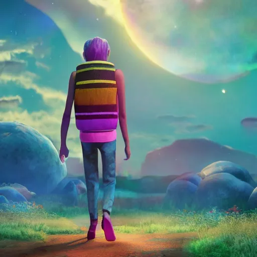 Image similar to weary traveller wandering through an alien world, by lisa frank, 4 k, beautiful, cinematic dramatic