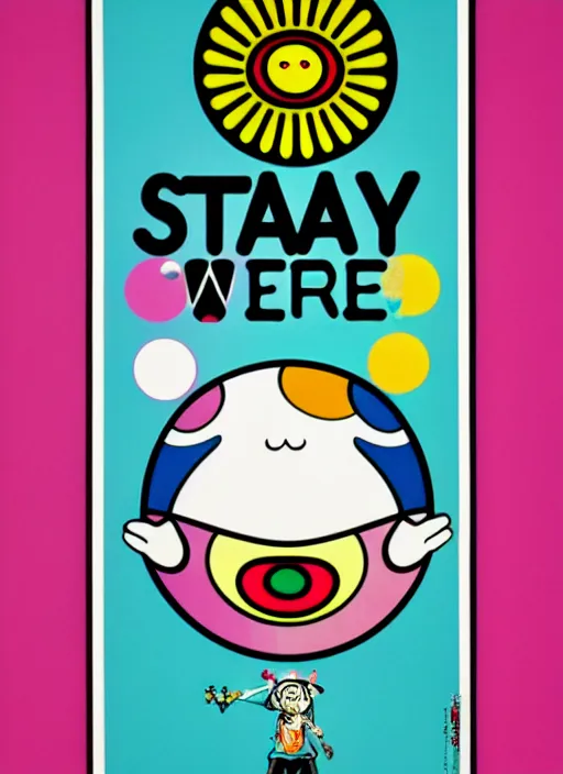 Image similar to a picture of a sticker that says stay weird, a screenprint by takashi murakami, trending on behance, funk art, concert poster, poster art, art