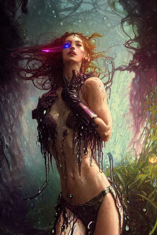 Image similar to portrait of a beautiful woman wearing a cyberpunk armor, drenched body, wet dripping hair, emerging from the water, fantasy, regal, fractal crystal, fractal gems, by stanley artgerm lau, greg rutkowski, thomas kindkade, alphonse mucha, loish, norman rockwell ross tran