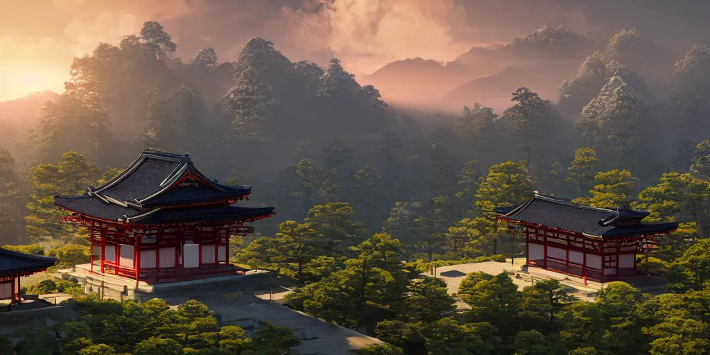 Image similar to a ancestral japanese temple on the top of a mountain at sunset, hyperrealistic, concept art, octane render, unreal engine 5, synthwave, high quality, highly detailed, 8 k, digital art, concept art, breathtaking landscape, cinematic lighting, path traced, over the clouds, godrays, complementary colors, natural lighting, masterpiece, mythical