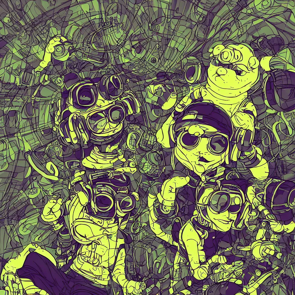 Image similar to a toad wearing headphones, ryuta ueda artwork, breakcore, style of jet set radio, y 2 k, gloom, space, cel - shaded art style, sacred geometry, data, minimal, code, cybernetic, dark, eerie, cyber