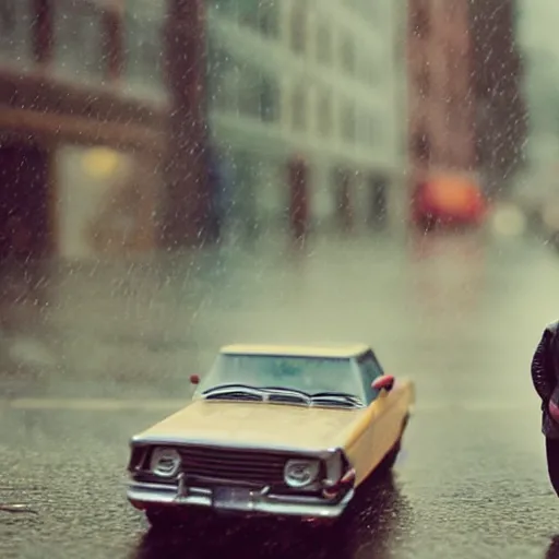 Prompt: David Bowie standing in the rain with automobiles driving by, 35mm photo, tilt-shift, bokeh