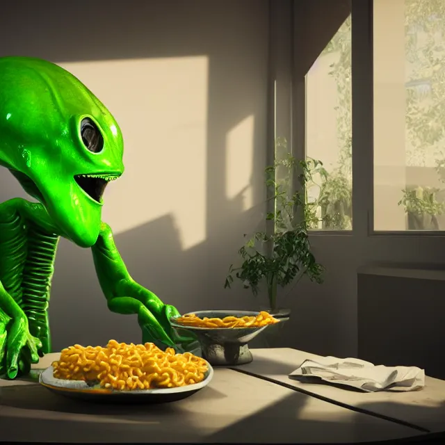 Prompt: lots of macaroni! over a desk, a window with an extraterrestrial green alien on the other side realistic, unreal engine render, octane render, hyper realistic, photo, 8 k