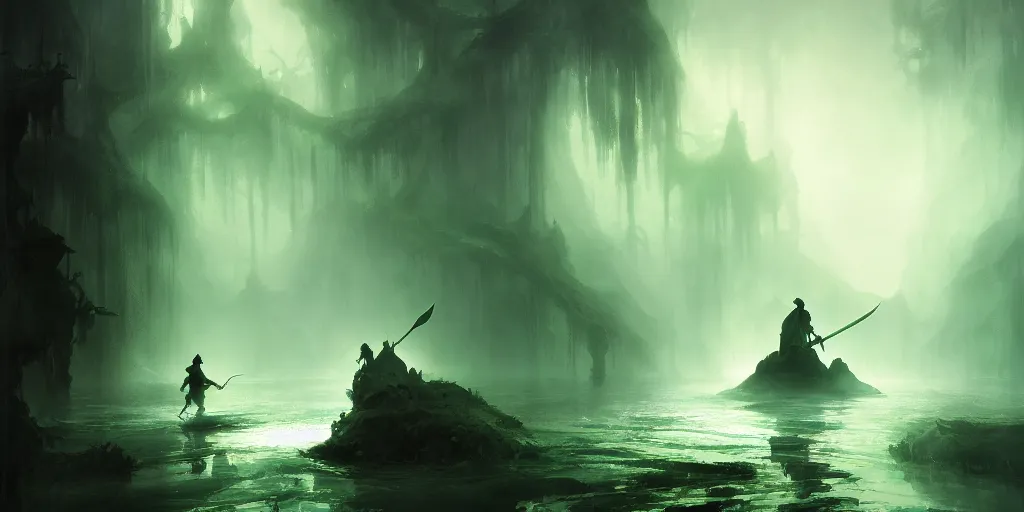 Image similar to magical subterranean river styx, a man in a cape on a boat with a sword, ethereal swirling green mist, dramatic lighting, magical atmosphere,, gothic illustration, greg rutkowski, andreas rocha, ashley wood, soft edges, low detail, trending on artstation