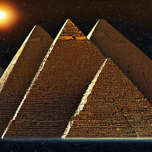 Image similar to Pyramids being constructed by multiple UFO, detailed digital art