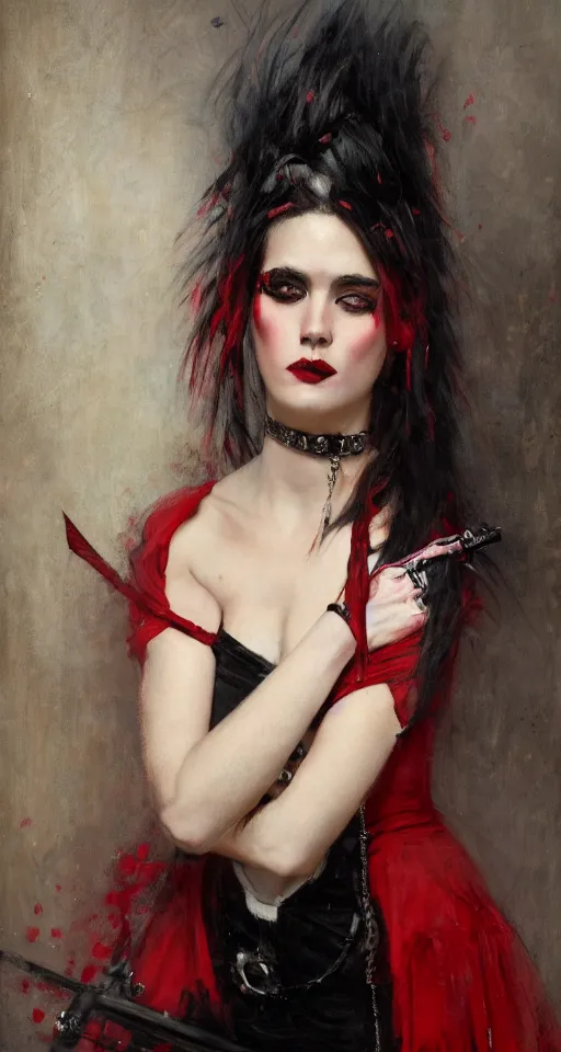 Image similar to Solomon Joseph Solomon and Richard Schmid and Jeremy Lipking victorian genre painting portrait painting of a young beautiful woman punk rock goth with punk rock haircut in fantasy costume, red background