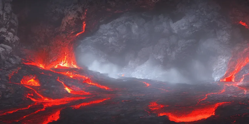 Prompt: underworld caverns, flowing lava and ash piles, art, Artstation