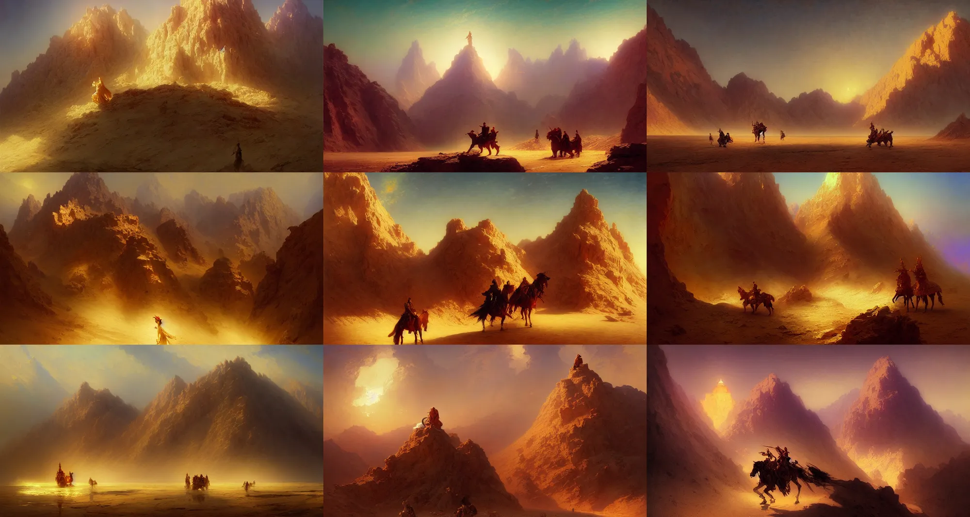 Prompt: golden mountain in the desert, fantasy, art by joseph leyendecker, ivan aivazovsky, ruan jia, reza afshar, marc simonetti