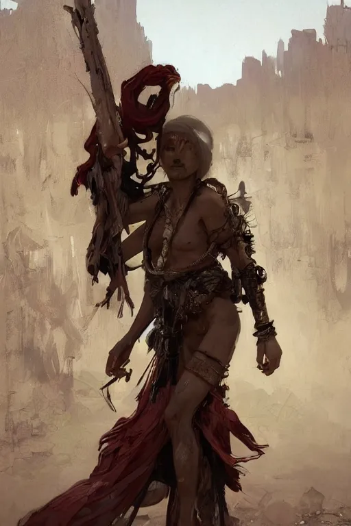 Prompt: a full body portrait of a beautiful post apocalyptic offworld priests quarter bedouin blind pulp fiction scarlet wild rogue barbarian leper begging by the roadside, intricate, elegant, highly detailed, digital painting, artstation, concept art, smooth, sharp focus, illustration, art by krenz cushart and artem demura and alphonse mucha