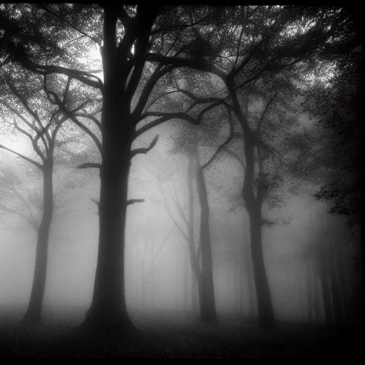 Image similar to deep misty forest with big black fluffy demon behind the tree, monochrome lomography