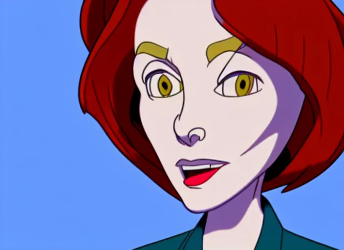 Prompt: a shaded animation cel of dana scully, realistic anatomy, in the style of don bluth, disney, dreamworks animation, filmation, toei animation, studio trigger, bruce timm, jack kirby, studio ghibli, 5 k, artstation trending