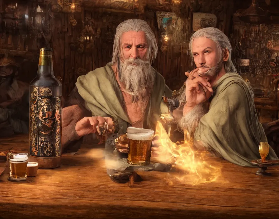 Image similar to old sage wizard drink beer from wooden cup in fantasy tavern, realistic fingers, realistic body, realistic clothing, beautiful texture, beautiful graphics, fantasy artwork, very beautiful scenery, hd, hdr, ue 5, ue 6, unreal engine 5, cinematic 4 k wallpaper, 8 k, ultra detailed