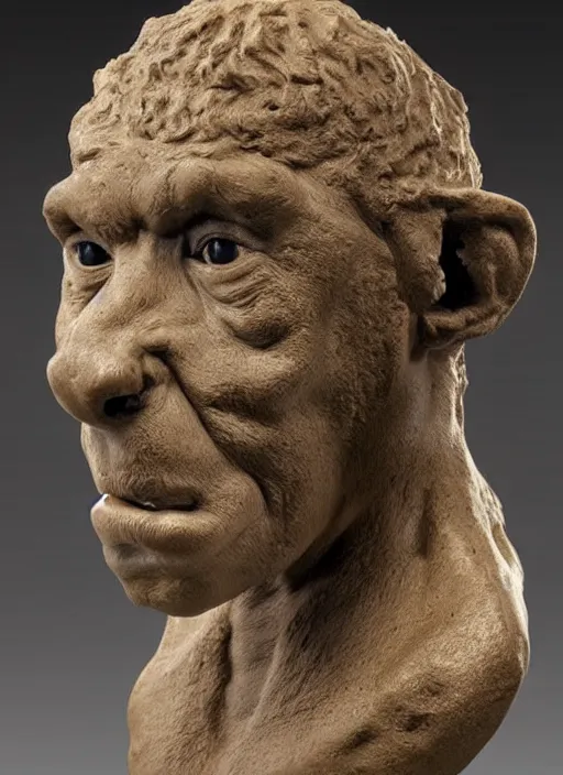 Prompt: a bust sculpture of a neandertal with feline features, ceramic base, front view, studio lighting, expresive