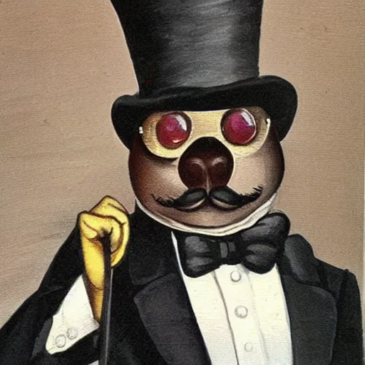 Image similar to gentleman seal with a top hat and monocle, mustache, posh, Victorian, painting