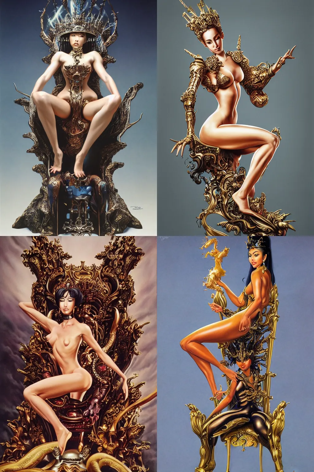 Prompt: an amazing airbrush painting of a beautiful queen with nice forms, seated legs spread over a crafted throne in a fantasy scenery, by hajime sorayama, boris _ vallejo and nobuyoshi araki, photorealistic, sensual, trending on artstation,