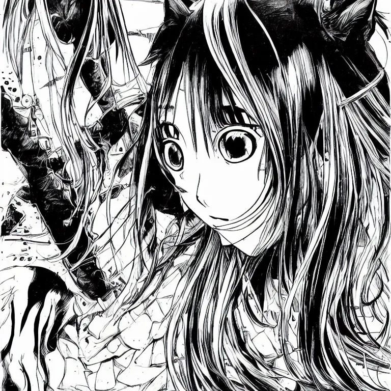 Image similar to Comic-art of girl looks like a cat in style of Takeshi Obata, manga comics, high detailed