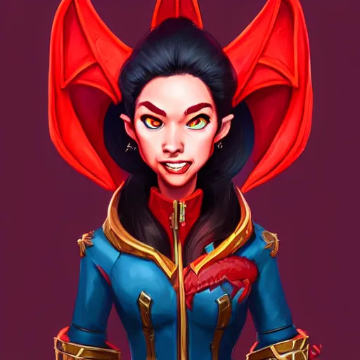 Image similar to female portrait anthropomorphic dragon wearing red clothes, Physically important : she has small head, Mega important : Hearthstone official splash art, perfect master piece, award winning, full body in the graphic style of Patrick Gleason, detailed art, trending on Artstation, sharp focus, comic art