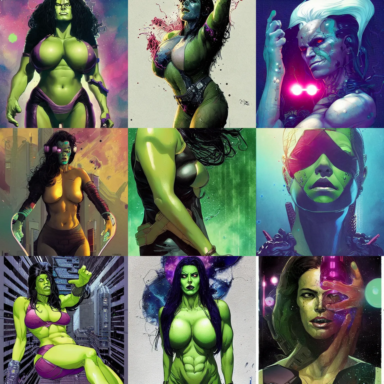 Prompt: she - hulk as thanos emerging from interstellar water in cyberpunk theme by conrad roset, nicola samuri, dino valls, jakub rebelka, android james, ruan jia, rule of thirds, seductive look, beautiful