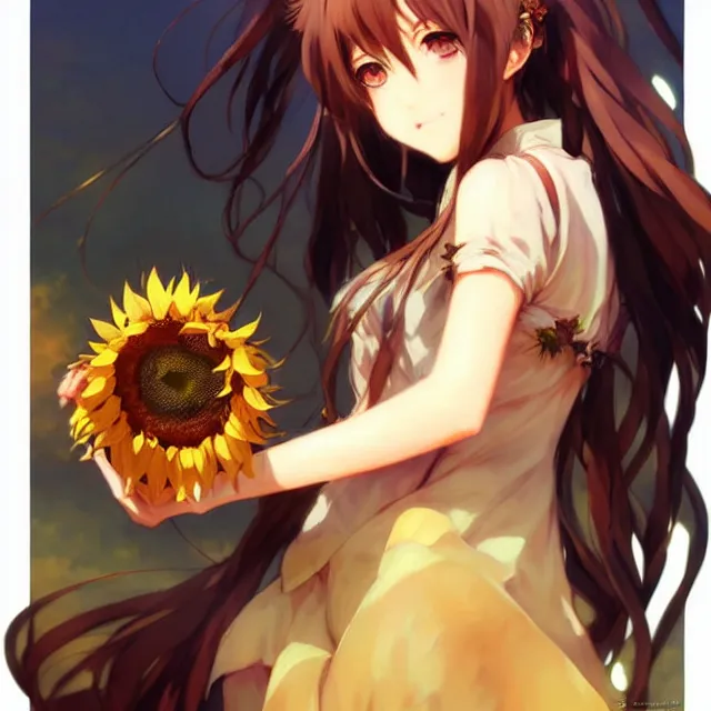 Image similar to beautiful sunflower anime girl, krenz cushart, mucha