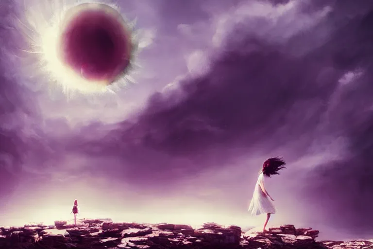 Image similar to giant white daisy flower over head, girl walking on cliff, surreal photography, solar eclipse, milky way, dramatic light, impressionist painting, clouds, digital painting, artstation, james gilleard and liam wong and jeremy mann