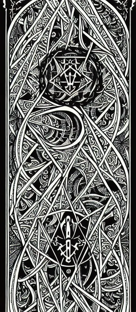 Prompt: a beautiful fractal tarot card featuring bold occult imagery with clean lines. skulls. punk. dimension. haeckel fish and sea creatures. detailed adult coloring book