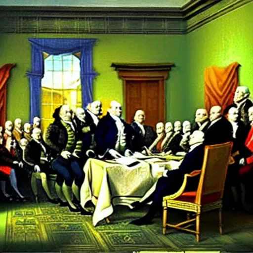 Prompt: shrek at the signing of the declaration of independence oil painting