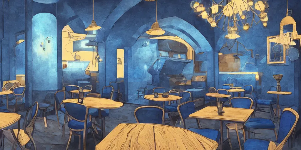 Prompt: cafe interior, blue and black tones, fantasy art, 2 d game art