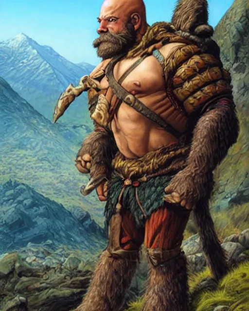 Image similar to a bald warrior male dwarf with long brown beard in a mountainous landscape, art by mark brooks, jason edmiston, glenn fabry