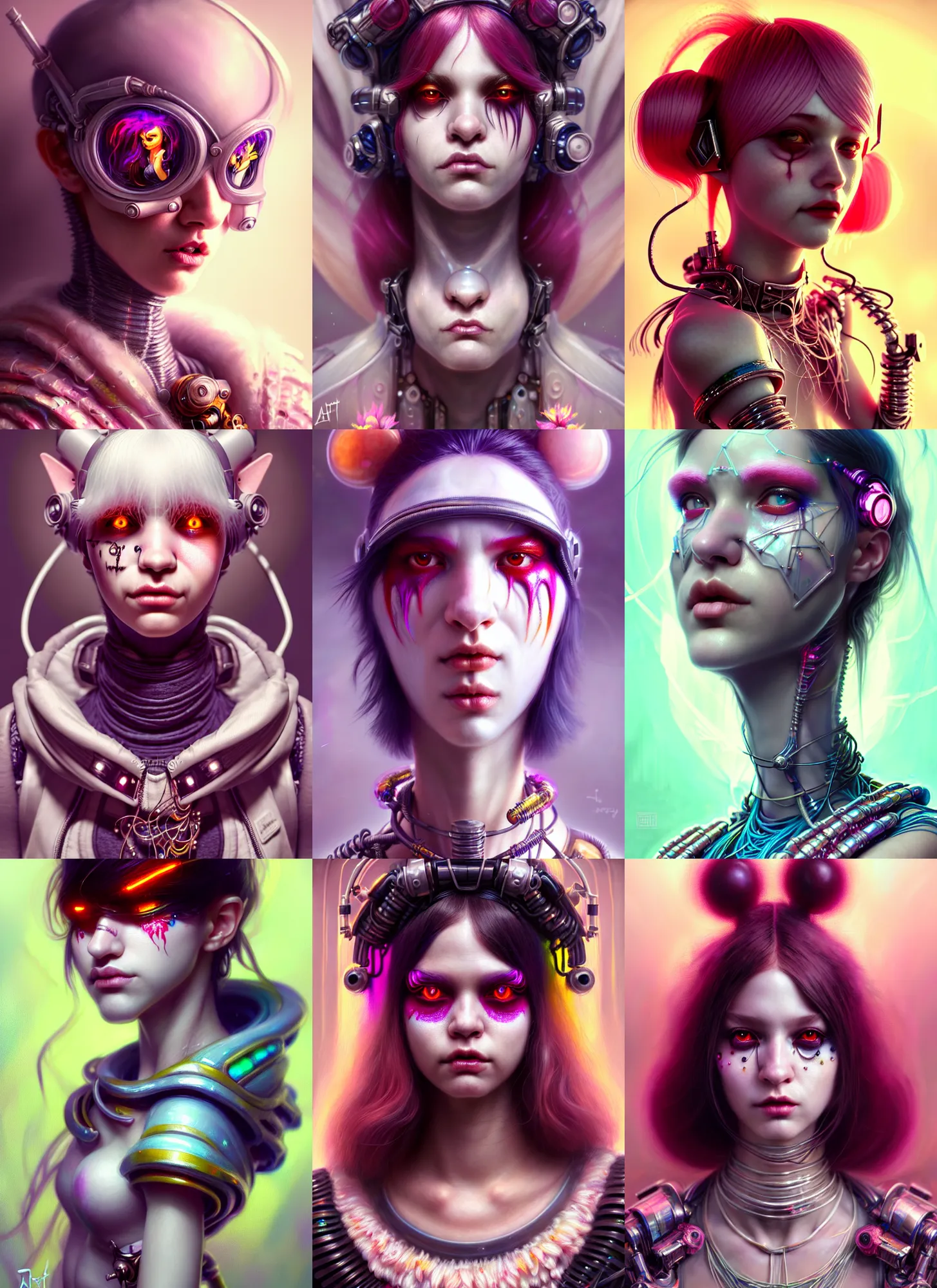 Prompt: disney weta portrait, soft lustrous biotech raver white emo clowncore ig model cyborg, floral bling, hi - fructose, sci - fi fantasy cyberpunk intricate decadent highly - detailed digital painting, octane render, artstation, concept art, smooth, sharp focus, illustration, art by artgerm, mucha, loish, wlop